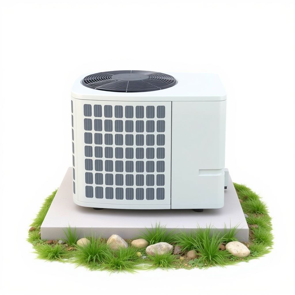 A simple, realistic image of a standard residential outdoor air conditioning unit or condenser. The unit should be placed on a flat surface, such as a concrete pad, and surrounded by some basic landscaping elements like grass, small shrubs, or rocks. The unit should be a neutral color like white, beige, or gray. The image should have a plain, uncluttered background to serve as a generic stock photo.