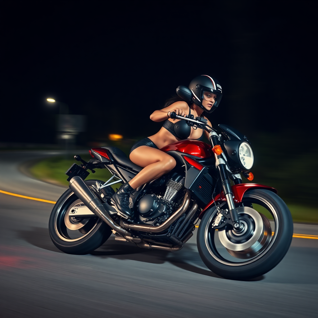 A sexy motorcyclist in a leather bikini speeds helmetless through the night. She leans into the curve at high speed. The motorcycle tilts at a 45° angle. She is not wearing a helmet.