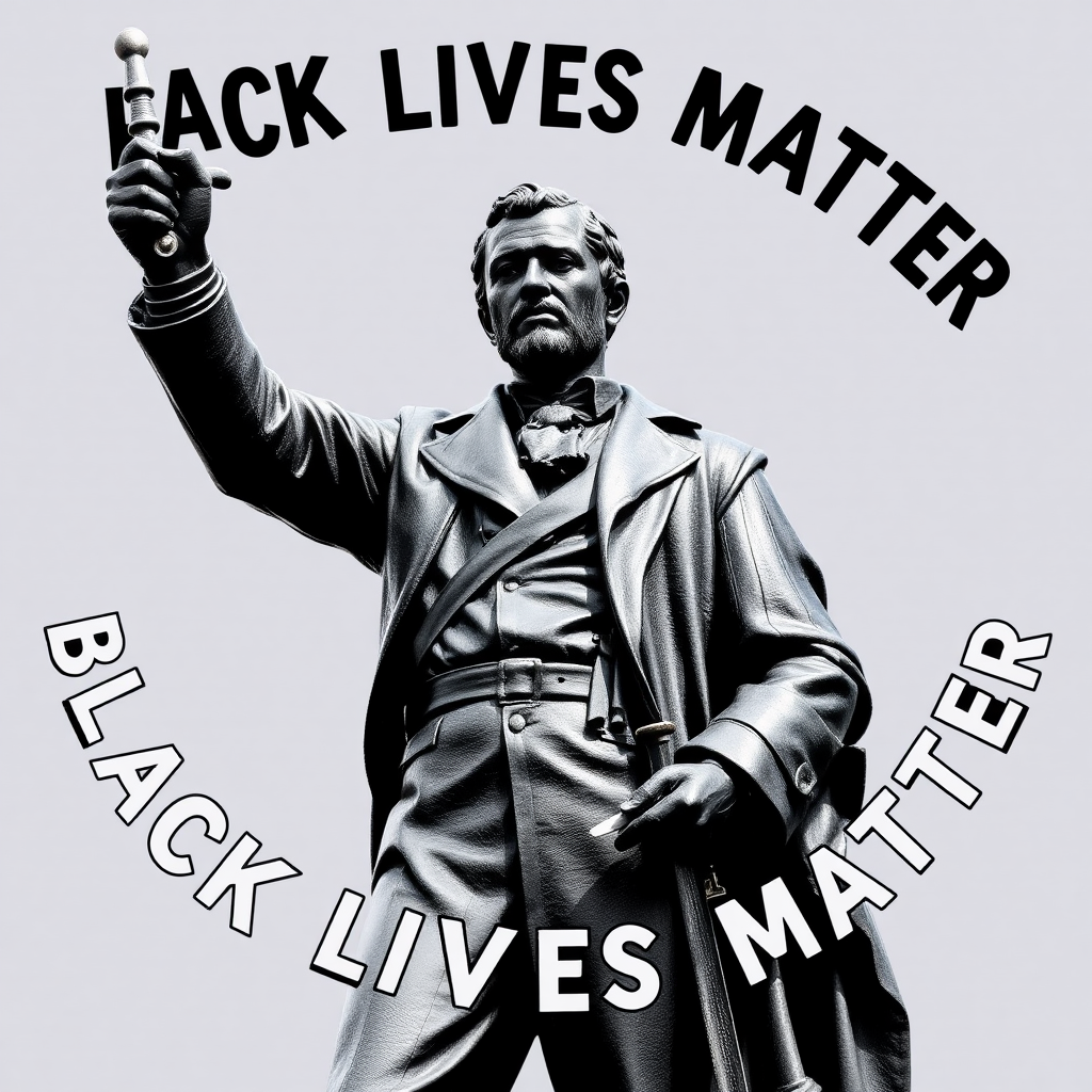 Black Lives Matter (BLM) is a decentralized political and social movement  
Art. African-American black statue of George Perry Floyd Jr. with a sword posing and 'Black Lives Matter' around it