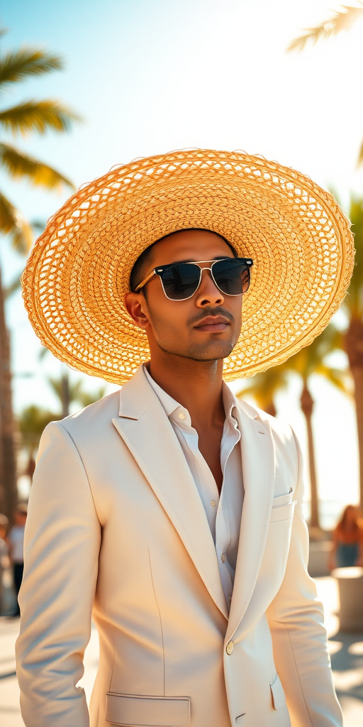 Beneath the blazing afternoon sun, a giant straw hat, with a brilliantly woven design, rests majestically atop a man's head. The hat's wide brim, elegantly curved, provides a generous shield against the bright golden rays, casting playful shadows across his face. Made from intricately braided natural fibers, hints of light tan and sun-bleached white intertwine, offering a rustic charm. He sports sleek, reflective sunglasses that glint like polished silver, accentuating the confident twinkle in his eyes. The man is dressed in a crisp, light summer suit, the fabric a cool pastel hue that gently billows with the warm breeze. Its breathable material clings just enough to his form, exuding a sense of effortless elegance. As he strolls along the sun-drenched promenade, the rhythmic sound of waves crashing in the distance mixes with laughter and the cheerful banter of passersby. The scent of saltwater hangs in the air, wrapping around him like a warm embrace, as palm trees sway lazily in the tropical breeze, framing this idyllic scene of carefree summer leisure.