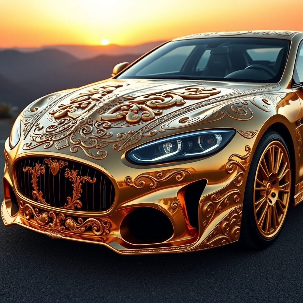 A luxurious, gold-plated car adorned with intricate, ornate designs and carvings. The vehicle features prominent headlights and a distinctive front grille, showcasing a fusion of elegance and extravagance. Set against a backdrop of mountains and a sunset, the scene conveys a sense of grandeur and sophistication.