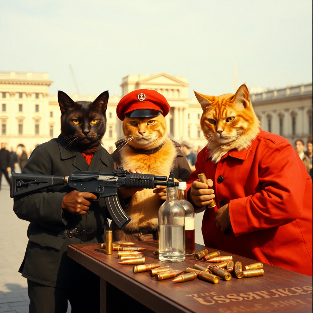 4 serious cat-men in a large square, a dark-skinned one holding an AK-47, an orange one wearing a Russian military cap, a dark brown one and a light brown one, USSR communists with vodka, around a table with bullet casings on it (film photo style)