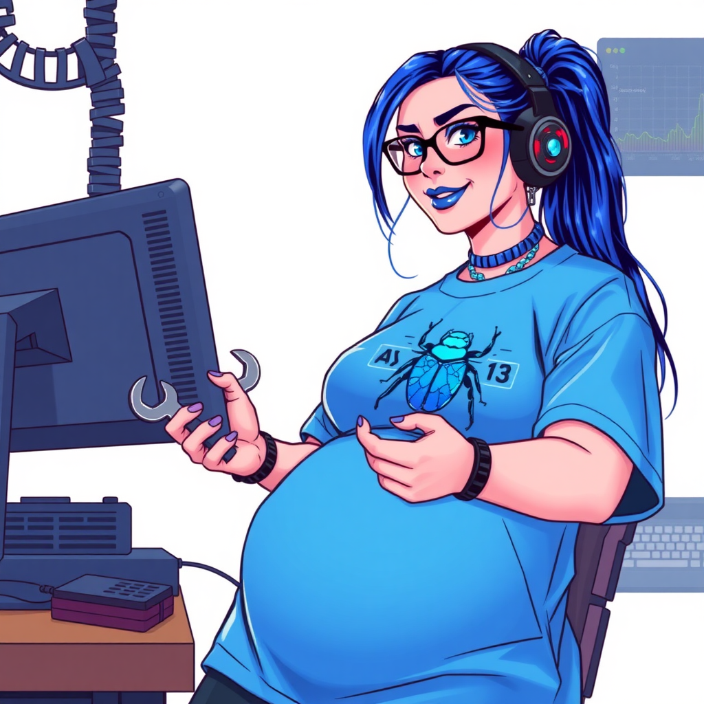 A cyberpunk vigilante’s full-figured intelligent and tech-savvy 28-year-old girlfriend, who is a computer hacker and tech genius. She has a long maximum blue ponytail. She wears maximum blue lipstick, bright blue eyes, a sapphire beetle gemstone necklace, sapphire earrings, black eyeglasses, and an oversized maximum blue t-shirt featuring a blue sapphire gemstone crusted chest icon of a beetle. She has a full-figured physique with a prominent, massive, round belly, reflecting her well-cared-for lifestyle. She sports a sapphire headset with a hi-tech maximum turquoise lensed HUD, and a shy smile with a neon red blush. She serves as his tech expert from his hideout, diligently working at her workbench and computer desk, while holding an electronic wrench and a holographic computer tablet. The background is solid white. She is drawn as if she was in a retro 2D cyberpunk fighting game. Ensure her maximum blue t-shirt covers her belly.