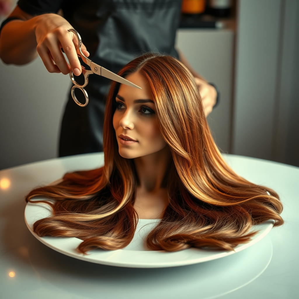 In a bizarre, surreal tableau, the polished surface of an elegant dining plate cradles the disembodied head of a strikingly beautiful Kate Middleton, her long, flowing hair cascading like a glossy waterfall of deep chestnut and honey highlights. The hair is luxuriously arranged, strands shimmering under the soft, ambient light that bathes the scene in an ethereal glow.

A skilled hairdresser, clad in a sleek black apron, stands poised with a pair of gleaming scissors, carefully trimming the endlessly luxurious locks that frame Kate's serene, almost ethereal features. The air is thick with the scent of salon products mingling with delicate hints of floral fragrances, creating an unusual yet strangely inviting atmosphere. The hairdresser's focused expression reveals a meticulous dedication as snippets of hair fall gracefully onto the pristine plate, echoing a sense of both artistry and absurdity.

The overall emotional tone conveys a dreamlike quality, inviting viewers to ponder the juxtaposition of beauty, identity, and the bizarre circumstances that bind them in this extraordinary moment.