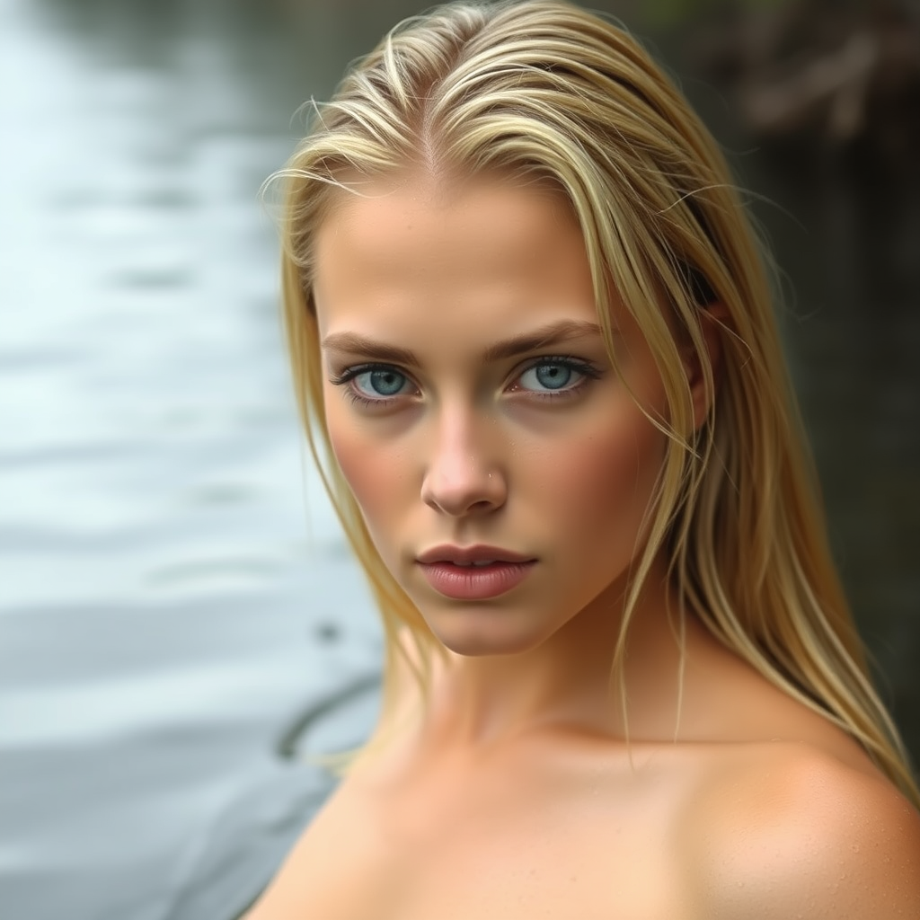 a young european woman just coming out of a lake. she has long blonde wet hair and pale blue eyes. she is topless. seductive look. photo