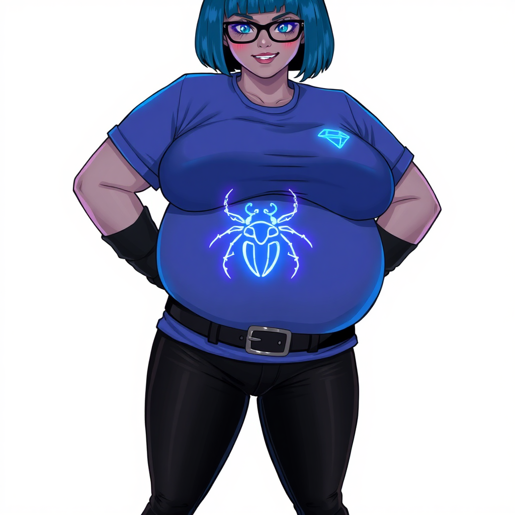 A 28-year-old, full-figured, metallic middle gray skinned computer program hybrid with a maximum blue bob cut. She has a non-athletic build, highlighted by a prominent, round, large midsection (with emphasis on her belly). As a digital sidekick, computer hacker, and nerdy girlfriend to her cyberpunk vigilante boyfriend, her middle gray metallic skin and maximum blue lipstick emphasize her digital nature. She wears a tight-fitting, maximum blue t-shirt (accentuating her large belly) with a neon blue glowing chest icon of a beetle, black pants, a black belt with a sapphire scarab buckle, and black gloves. Her bright blue eyes, black eyeglasses, and lovestruck smile with neon red blush accentuate her nerdiness. She stands bashfully with her hands behind her back, her t-shirt covering her midsection (especially her large belly) and emphasizing her full-figured, non-athletic physique. She is on a solid white background. She is drawn as if she was in a retro 2D cyberpunk fighting game. She is clearly non-athletic, with a focus on her full-figured physique. Ensure her t-shirt covers her midsection (especially her large belly).