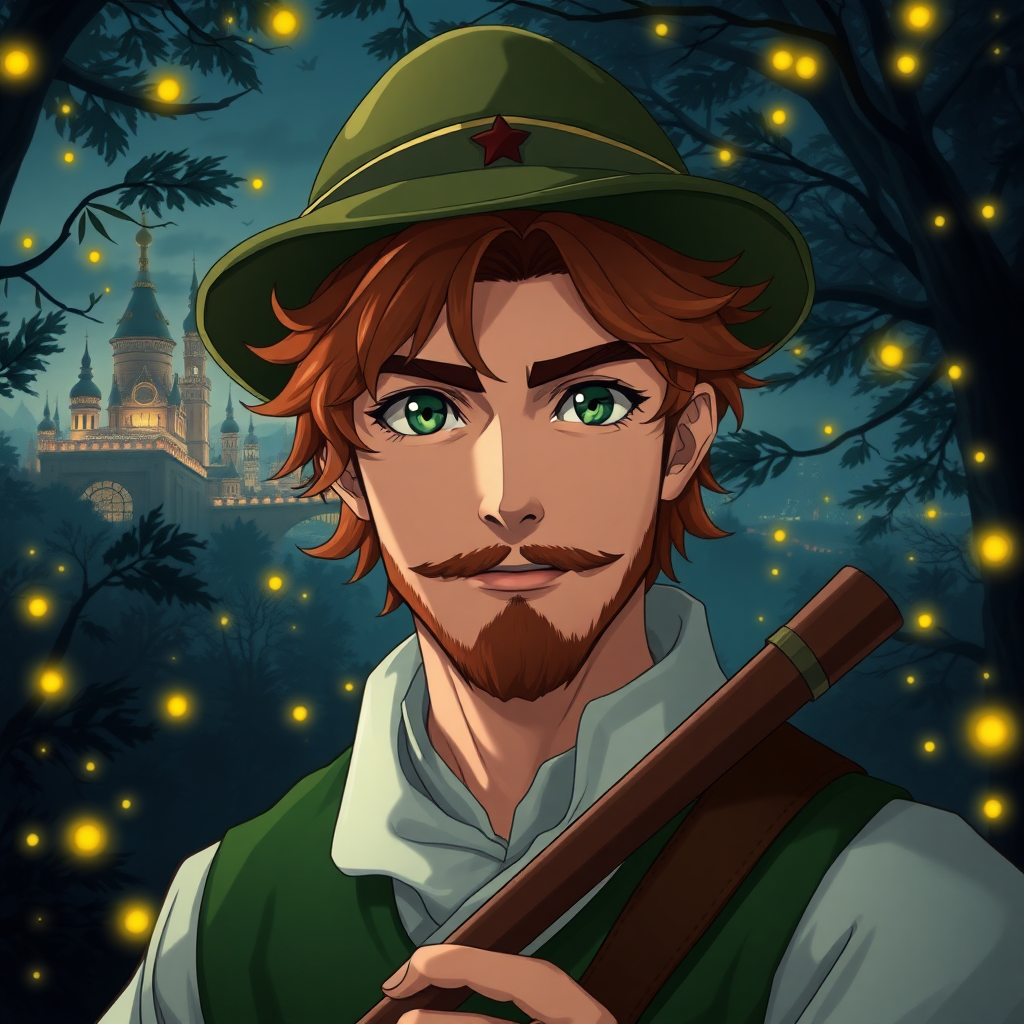 Create a detailed anime-style image of a 25-year-old white man. Its eyes are green in color. Her hair is slightly wavy and bold in a coppery brown tone, with a Robin Wood-style hat. He has masculine features and his countenance is strong. He wears a moss green and white flutist style outfit. He has a beard and mustache. It's in the middle of a dark forest, lit by fireflies that glow softly. In the background, a city with fantastic architecture, giving a magical touch to the scene. The image must have an anime style, capturing every detail with precision and 8k quality. Looks like a photograph. Extremely realistic. 25 years old. Beautiful. Beautiful. Extremely realistic. Beautiful appearance.