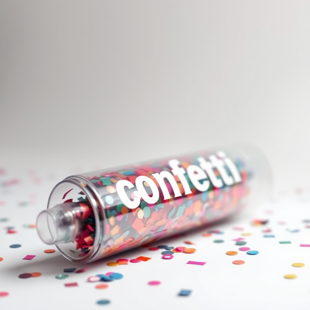 A photo of a fat transparent confetti popper tube with confetti inside and with text "confetti" on it, lying flat at an angle, with confetti around it, white background, distant confetti blurred, white bold text with a black border