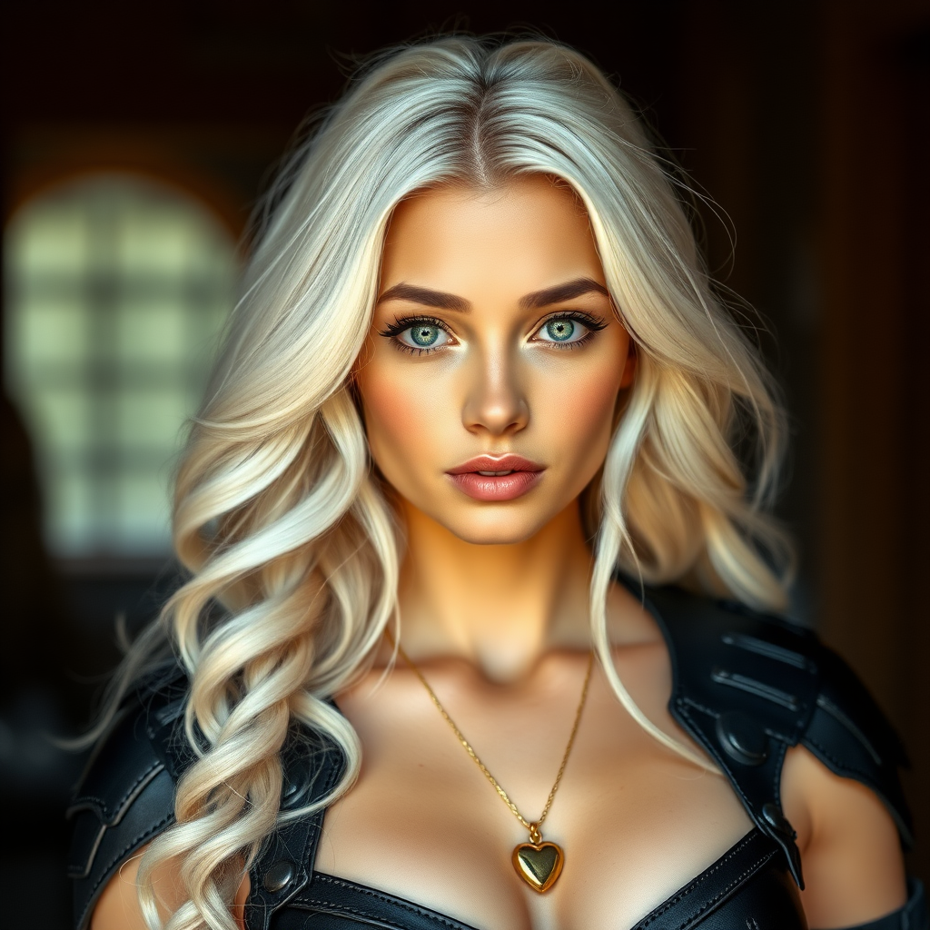 Portrait of a beautiful young woman with long wavy platinum blonde hair, green eyes, a suntan, large breasts, and light brown eyebrows. She is wearing black leather armor and a gold necklace with a small heart pendant.