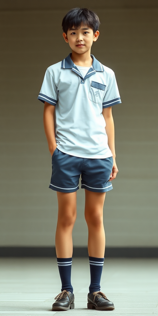 a tall 15yo teen boy, wearing Japanese Gakuran school uniform with uniform matching very tight booty shorts, tube socks, shoes, long legs, narrow thighs. full-length view. 1980s. photorealistic, ultra high resolution, 16K, Negative: grainy, blurry, bad anatomy, extra limbs, watermark.