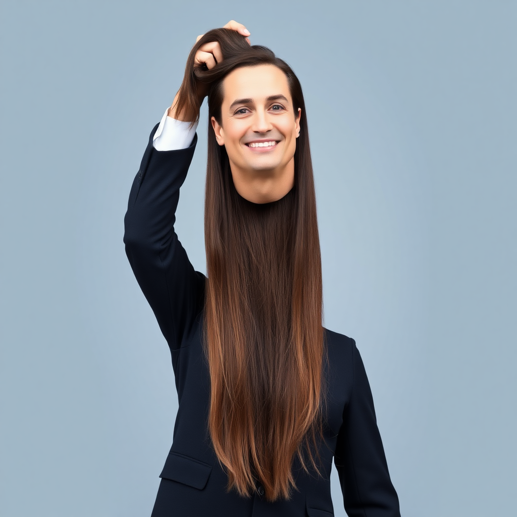 A surreal image of a smiling male magician holding up the disembodied head of a very long haired Kate Middleton. He is grabbing her very long hair and pulling it up high in the air, while her head is hanging by her hair from his grasp to display it to the camera. Plain gray background.