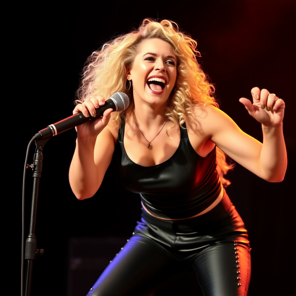 energetic beautiful woman, leaning forward, curly blonde hair, very very large breasts, black leather top, black leather pants with long rivets, singing into a microphone with both hands, black background, warm lighting