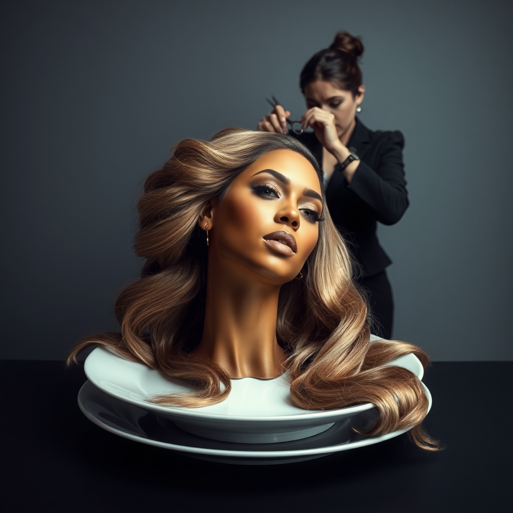 In a surreal and provocative scene, a beautifully tethered, disembodied head of Beyoncé rests gracefully on an elegant porcelain plate, her long, luxurious hair cascading like a waterfall of silky strands around the edges, creating a striking contrast against the stark, muted gray background. The sheen of her skin glows softly, exuding an air of ethereal beauty, while her chin rests directly on the plate, poised and serene. Behind her, a skilled hairdresser, clad in chic black attire, stands with a focused expression, gently teasing and arranging her magnificent hair with nimble fingers, creating intricate patterns that defy gravity. The atmosphere is oddly intimate yet surreal, blending an appreciation of beauty with an unsettling twist, as soft light casts subtle shadows, enhancing the textures of both hair and porcelain. The air is filled with a quiet stillness, broken only by the subtle sound of the hairdresser’s scissors snipping rhythmically and the faint fragrance of hair products mingling with the cool air, heightening the unusual but captivating atmosphere of the scene.