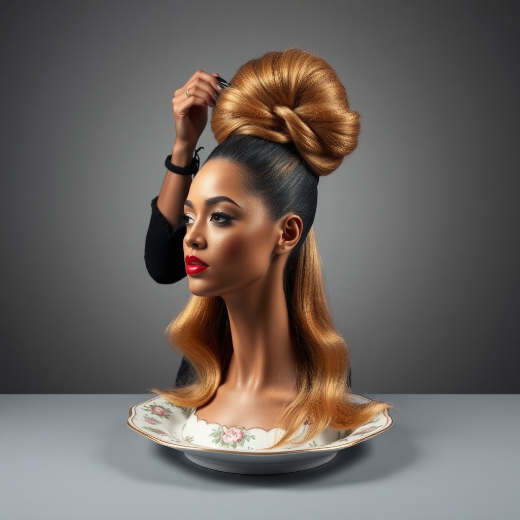 In an avant-garde tableau, a strikingly beautiful, disembodied head of a fashion icon reminiscent of Beyoncé rests elegantly on an ornate, vintage plate, its delicate china adorned with intricate floral patterns. Her long, luscious hair cascades down, shimmering like molten gold, while each strand catches the light, creating a halo effect around her perfectly sculpted features. Her chin rests gracefully on the edge of the plate, accentuating her strong jawline and full, inviting lips, which are painted with a bold crimson hue. 

Behind her stands a dedicated hairdresser, dressed in chic, all-black attire, exuding a sense of calm concentration as they skillfully gather the flowing locks. The hairdresser’s fingers move deftly, weaving her hair into an impressive, towering updo reminiscent of a regal crown, adding height and drama to the surreal scene. The atmosphere is imbued with a quiet intensity, and the air is rich with the scent of high-end hair products—a blend of floral notes and smooth vanilla.

The background is a plain, muted gray, providing a stark and minimalist canvas that amplifies the surrealism of the arrangement, allowing the viewer to focus entirely on the exquisite details and craftsmanship at play. The contrast between the opulence of the subject and the simplicity of the setting creates a captivating visual narrative, engaging the viewer's imagination and inviting deeper reflection on themes of beauty and identity.