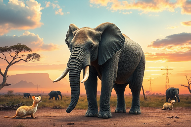 Generate a full-length photorealistic image of an elephant, utilizing the frame and silhouette of a mouse while keeping the elephant's head intact, showcasing its distinct facial features. The skin should resemble the texture of an elephant, and fur elements should hint at a mouse's softness. The background should blend colors and textures inspired by both animals, incorporating savanna landscapes and urban environments to create a harmonious yet whimsical scene. Focus on lighting that highlights the unique characteristics of the combined creature, enhancing the surreal yet believable nature of the artwork.