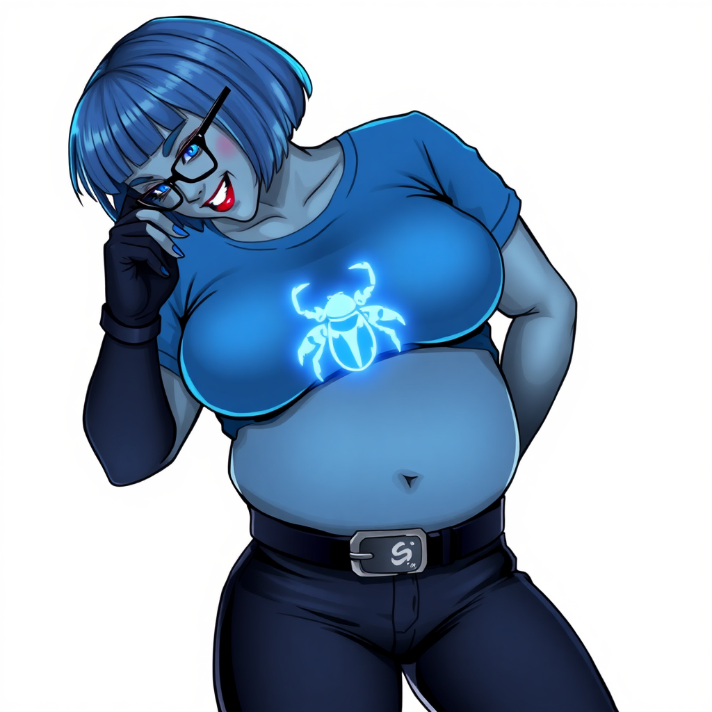 A 28-year-old, full-figured, metallic middle gray skinned computer program hybrid with a maximum blue bob cut. She has a non-athletic build, highlighted by a prominent, round midsection (with a focus on her belly). As a digital sidekick and computer hacker to her cyberpunk vigilante boyfriend, her middle gray metallic skin and maximum blue lipstick emphasize her digital nature. She wears a tight-fitting, maximum blue t-shirt (accentuating her belly) with a neon blue glowing chest icon of a beetle, black pants, a black belt with a sapphire scarab buckle, and black gloves. Her bright blue eyes, black eyeglasses, and lovestruck smile with neon red blush accentuate her nerdiness. She bows her head bashfully with her hands behind her back and a neon red blush, her t-shirt covering her midsection (especially her belly) and emphasizing her full-figured, non-athletic physique. She is on a solid white background. She is drawn as if she was in a retro 2D cyberpunk fighting game. She is clearly non-athletic, with a focus on her full figure. Ensure her t-shirt covers her midsection (especially her belly).