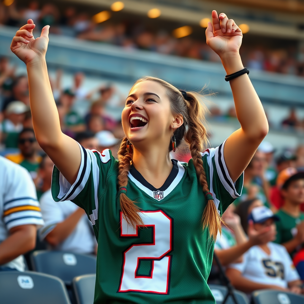 Attractive female NFL fangirl, pigtail hair, jersey, wildly cheering, in the bleacher crowd