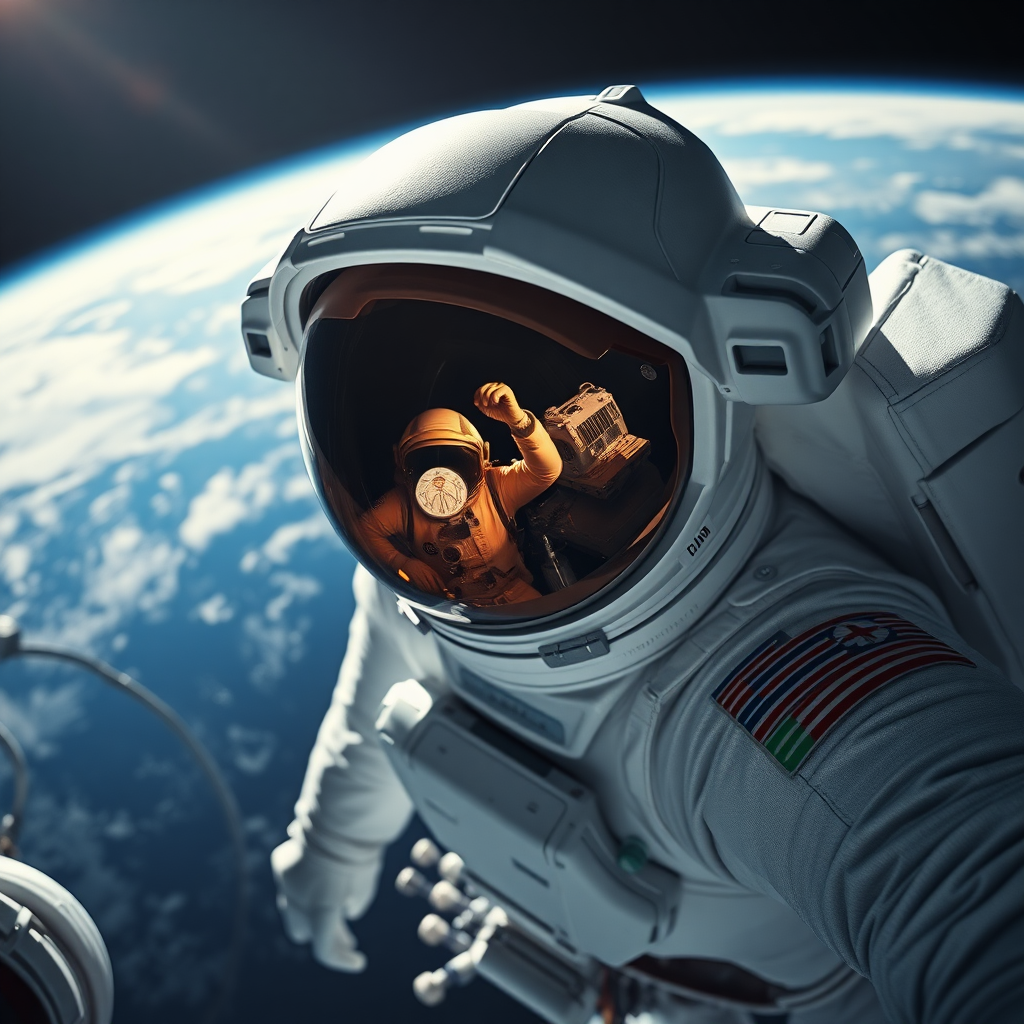 Astronaut in a white spacesuit, floating in space, with Earth in the background. The scene captures a hyperrealistic view showcasing the intricate details of the suit, including textures and reflections in the visor. The visor reflects another astronaut and elements of the spacecraft. The background features deep blues and whites of Earth and the vastness of space, with a dark, almost black, void surrounding it. Bright sunlight highlights parts of the astronaut's suit, creating stark contrasts and emphasizing the details. Include hints of light shimmering off the helmet and the colors of the spacecraft against the cosmic backdrop.