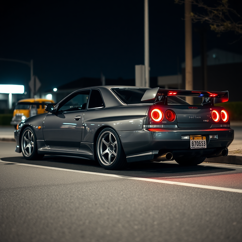 the car is parked on the side of the road, inspired by Taiyō Matsumoto, tumblr, restomod, nd4, c4 metallic shine nissan skyline r34