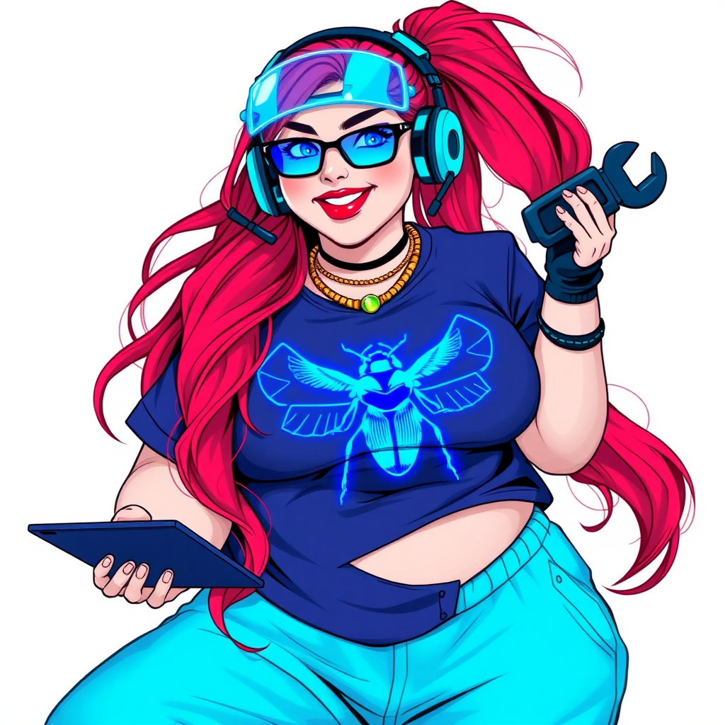 A cyberpunk vigilante’s full-figured intelligent and tech-savvy 29-year-old girlfriend, who is a computer hacker and tech genius. She has a long ruby red ponytail and bright blue eyes. She wears a sapphire beetle gemstone necklace, an oversized Maximum Blue (RGB 71, 171, 204) t-shirt featuring a giant neon blue glowing chest icon of a winged beetle, and matching Maximum Blue sweatpants. She has a full-figured physique with a prominent, enormous, round midsection, reflecting her well-cared-for lifestyle. She sports a sapphire headset with a hi-tech sapphire lensed HUD visor, Maximum Blue (RGB 71, 171, 204) lipstick, black eyeglasses, and a beaming smile with a passionate bright red blush. Despite her figure and a lack of self-esteem, she radiates an air of beauty. She has an angular face which contributes to her radiant beauty. She serves as his tech expert from his hideout, holding a holographic tablet and a hi-tech tool wrench. The background is solid white. She is drawn as if she was in a retro 2D cyberpunk fighting game. Make sure her outfit covers her midsection.