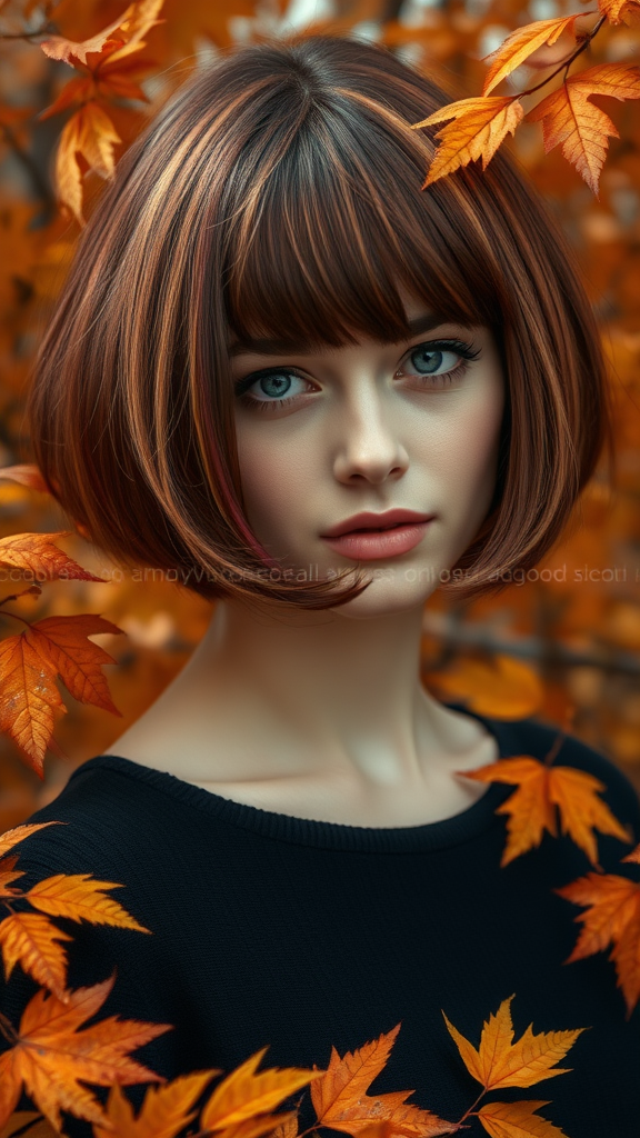 Beautiful model Anne Hathaway with a Bowl Cut hairstyle featuring different shades of color, surrounded by autumn chestnut foliage, in high definition.