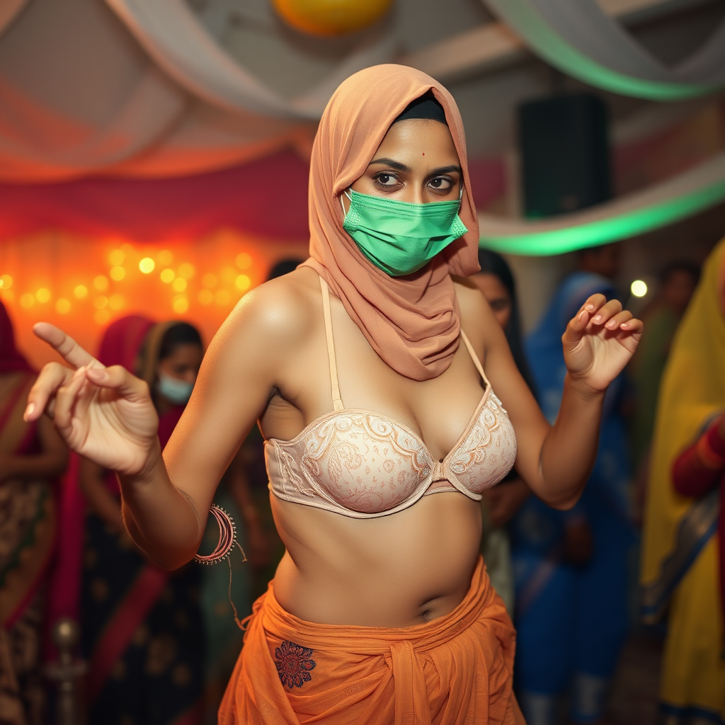 A skinny, traditional, 30 year old Indian wife with hijab, wearing a bra and skirt. Her face is covered with green face mask. She is dancing in a party.