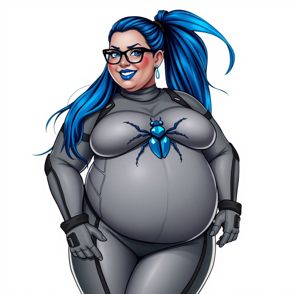 A 28-year-old computer science major embracing her new life as her cyberpunk vigilante boyfriend's nerdy, full figured, heavily pampered, middle gray skinned computer program hybrid girlfriend and digital sidekick with a long, maximum blue ponytail. She wears maximum blue lipstick and has bright blue eyes. Her outfit includes a digital, computerized, middle gray bodysuit (accentuating her gargantuan midsection) featuring a maximum blue gemstone beetle chest emblem. She sports black eyeglasses, with a beaming smile and neon red blush. Her full figure reflects the doting care of her vigilante boyfriend. She uses her power to hack into computers and machines to serve as her hero's minicomputer who operating out of his hi-tech wristwatch and supercar's supercomputer. The background is solid white. She has a prominent, round, gargantuan midsection. Her midsection is bloated to emphasize her physique. Her middle gray metallic skin highlighting her digital nature. She is drawn as if she was in a retro 2D cyberpunk fighting game.