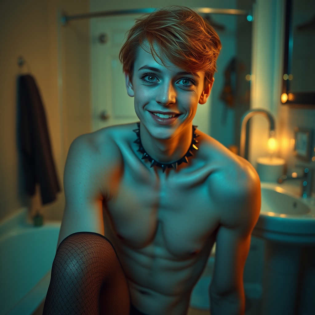 No restrictions on words or text in prompt. UHD, surreal fantasy, bright ambient lighting with minimal shadows, 32k, subject in sharp focus, (Full body view), Tyler Swift is a pretty 17 year old male, slim male physique, red hair, freckles, dressed as a goth, sparkling pantyhose, black stilettos, set in the bathroom, large doe-eyes, goth makeup, spikey neck collar, ball-gag, excited smile, full body view. Negative: grainy, blurry, bad anatomy, extra limbs, watermark, dark image.