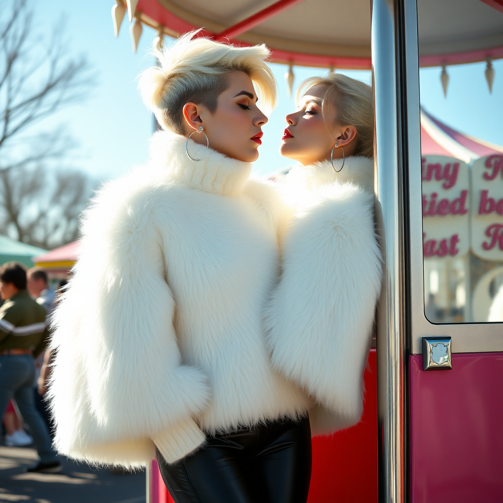 Amusement park “kissing booth”, sunny spring Sunday morning. Sam, 19 years old beautiful involuntary femboy, rebellious intractable character, petite boyish figure, platinum blond boyish rebel punk hairstyle, flawless heavily made-up face with sharp arched tattooed eyebrows, very enlarged red glossy lips, wearing Supertanya-style fluffy very fuzzy bright white angora thigh-length turtleneck-poncho fully covering body and arms, silver-glitter leggings, black leather high-heeled pumps, silver earrings, both hands tied to pole behind back, standing inside kissing booth, waiting for next customer to kiss. Focus on Sam’s face and turtleneck-poncho.