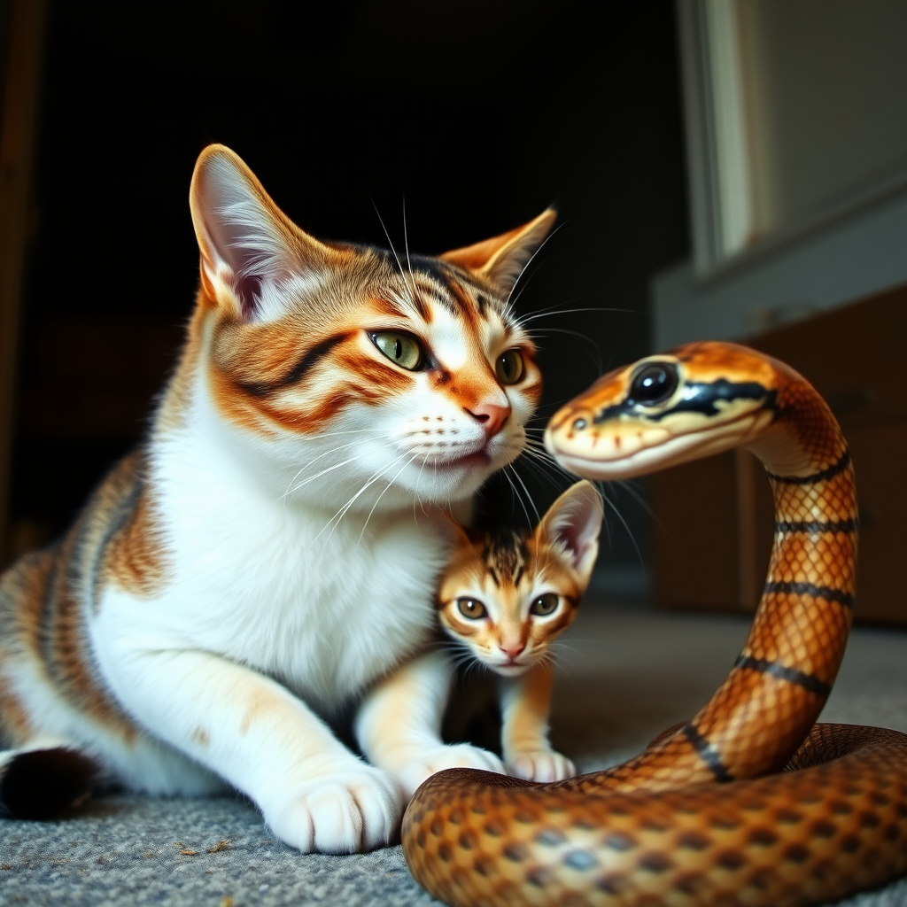 A mother cat confronts a snake, with a kitten hiding behind the mother cat, wide-angle shot, side view, realistic style.