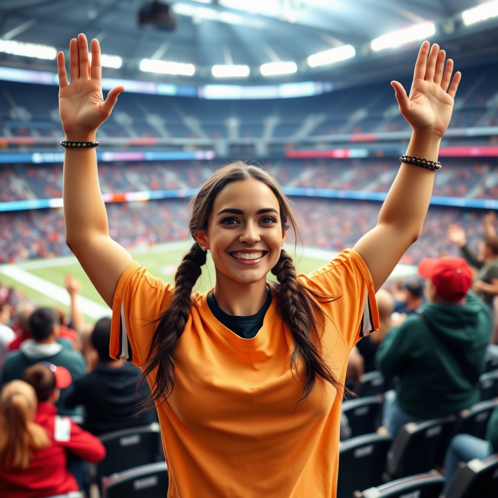 Attractive female NFL fan, pigtail hair, inside bleachers row, crowded, jumping, arms raised, NFL stadium