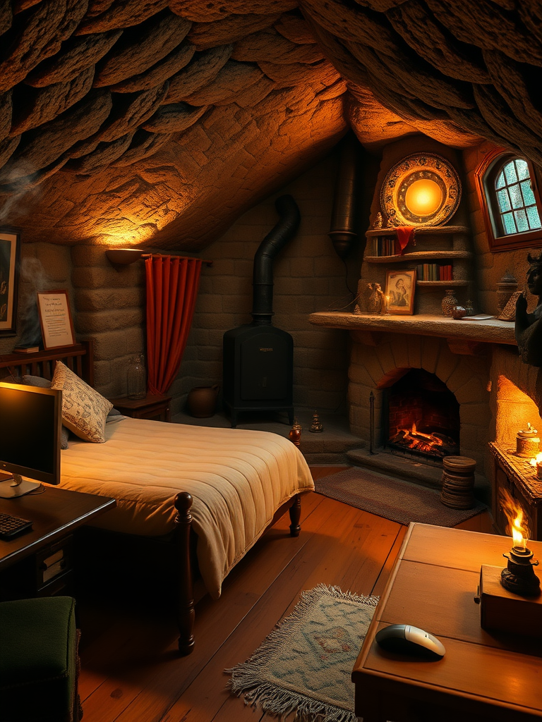 Cottage in the Cave: Rough stone walls, warm firelight, brown bed frame, soft cotton quilt, black computer, metal keyboard, bright hearth, green moss, thick curtains, solid wood floor, colorful cushions, ancient murals, smoking chimney, exquisite ornaments, silver mouse, warm blanket, tattered bookshelf, yellowed books, stone steps, cold windowsill, roaring flames, dim corners, mysterious totems, worn tablecloth, real, reality.