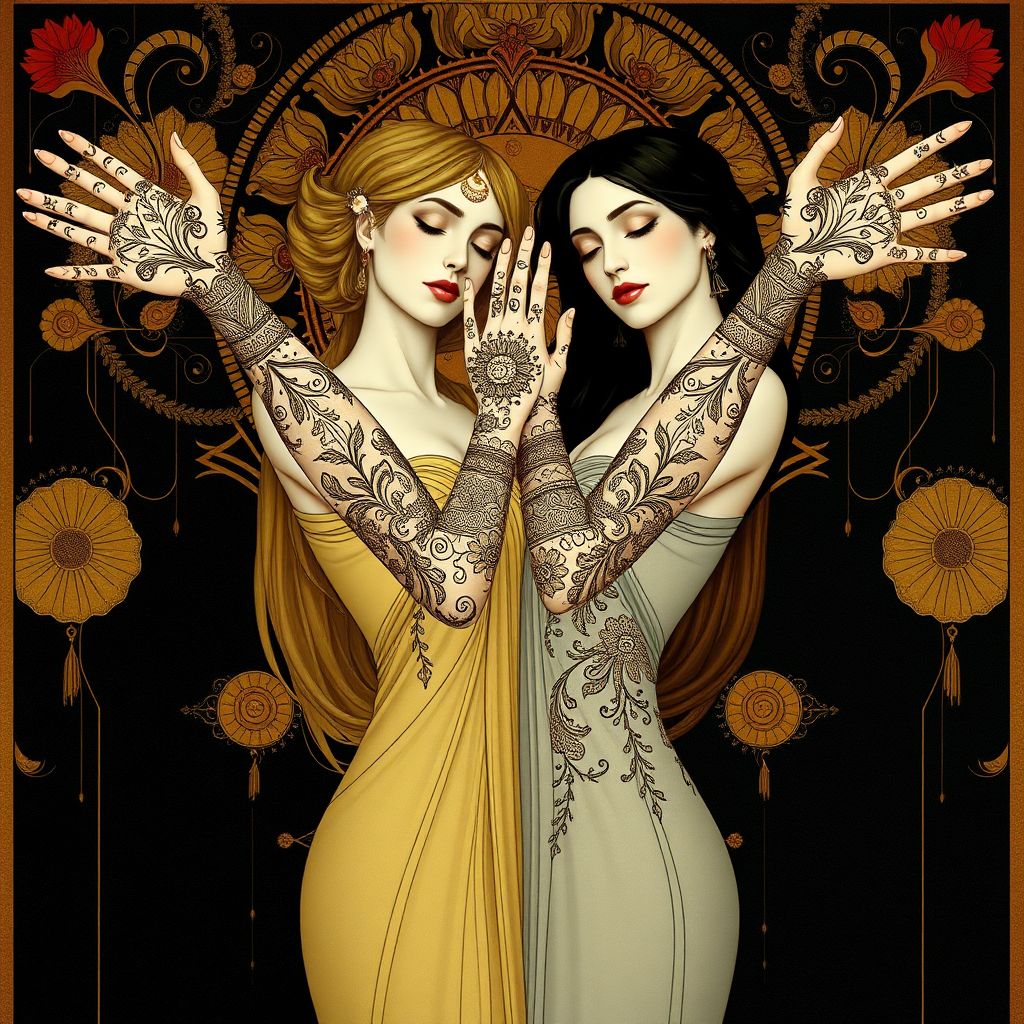 Create the following image prompt: An image in the style of Max Klimt and Art Nouveau. The scene features two women with very white skin and Oriental henna tattoos covering their fully extended arms. The background is in Art Deco style.