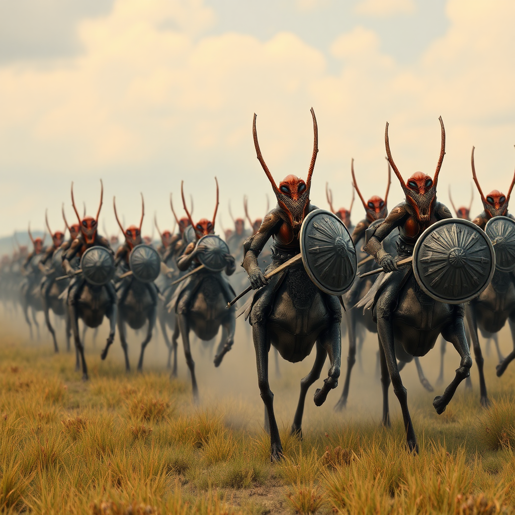 An army of bipedal insect aliens, marching across savannah on alien mounts, armoured, helmets, sword and shield, realistic