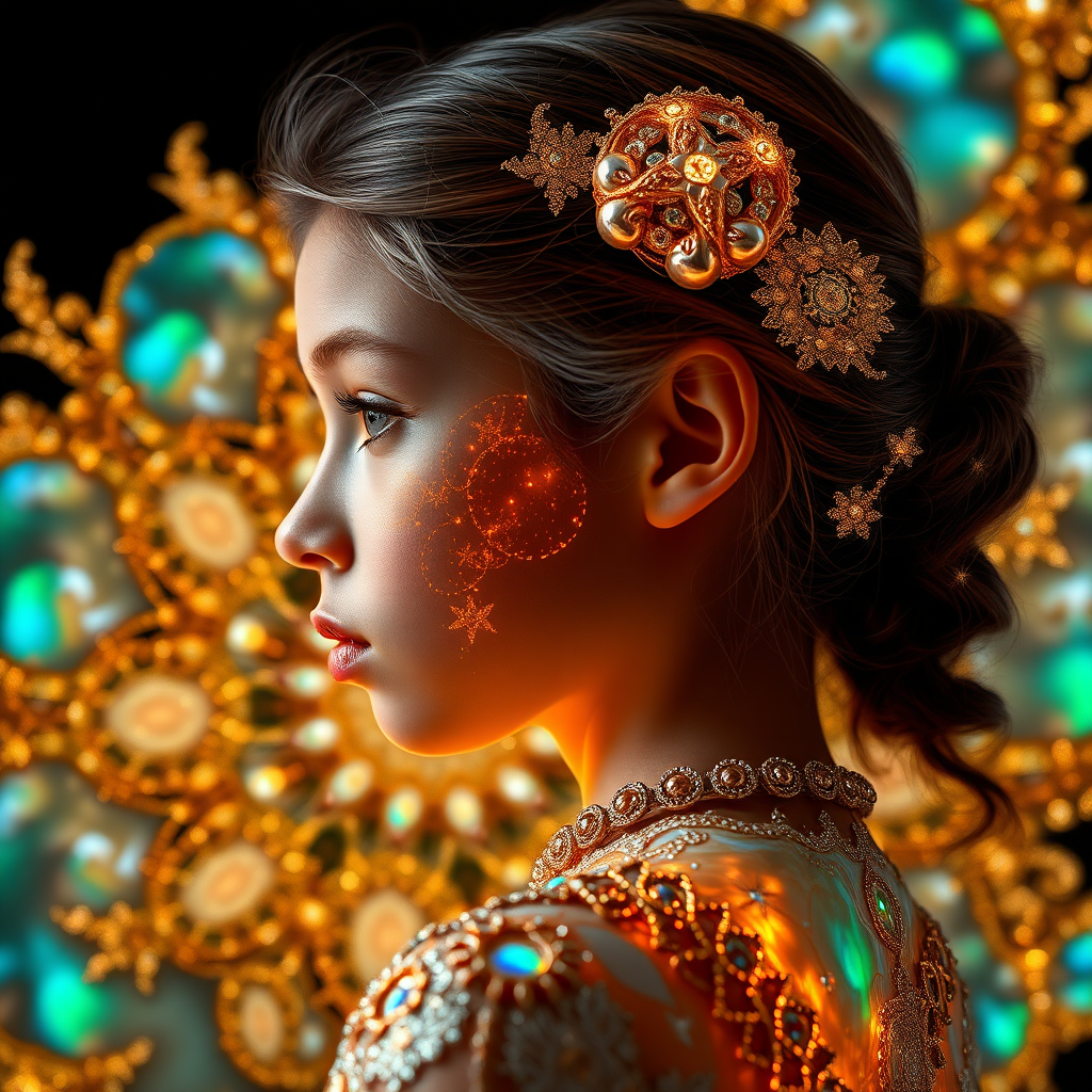 preteen girl in profile, abstract pottery, mandelbulb fractal, sacred geometry, ultra-detailed, dynamic composition, artistic photograph, fractal, brilliant colors, glittering, illumination, transparency, translucent, opal, gold, romanticism, sharp focus, floral, mother of pearl, iridescent, jewelry