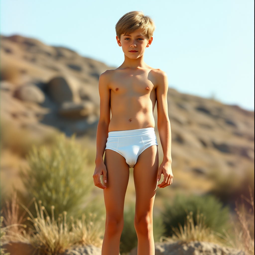 photorealistic, ultra high resolution, 16K, tall skinny 14 yo teen boy wearing white tight girly briefs. Vintage photograph, 1980s.