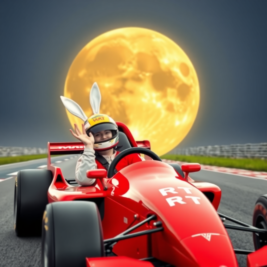 On the Earth racetrack, there is a red Formula car with "WRT" written on it. A beautiful Chinese female racer is wearing a racing helmet, which has white rabbit ears standing upright. She is laughing and waving one hand while tightly gripping the steering wheel with the other. The background features a gigantic golden-yellow moon.