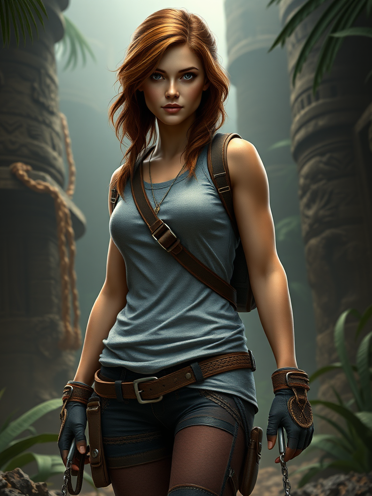 Create a photorealistic full-body render of Daphne Blake, using the body type of Nathan Drake while keeping her head intact. Ensure that the body structure and silhouette reflect the male gender typical of Nathan Drake, altering the costume appropriately to fit this body type. The background should be an adventurous setting that combines elements suitable for both characters, such as an archaeological site or a mysterious jungle. Pay attention to details in the clothing, expressions, and environment to create a cohesive and engaging final image.