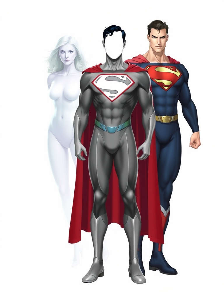 Generate a full-body image of Superman using the anatomically accurate body type of Emma Frost, keeping Superman's head intact. Modify body silhouette to reflect this body type. Choose a background suitable for both characters' contexts.