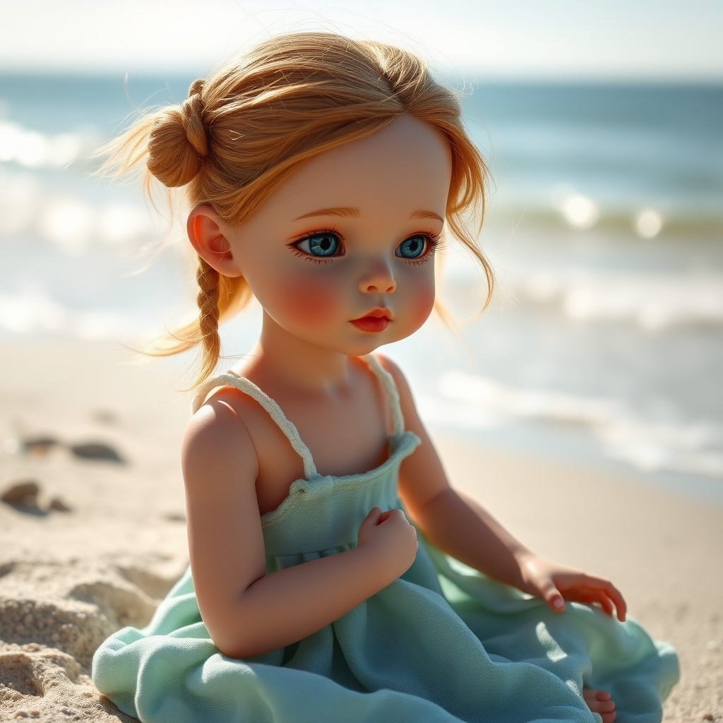 ooak art doll playing on the beach, artist doll, realistic doll, life-like porcelain doll, young preteen girl, unique personality, bisque doll, aesthetic, artistic photography, sunshine, natural, translucent