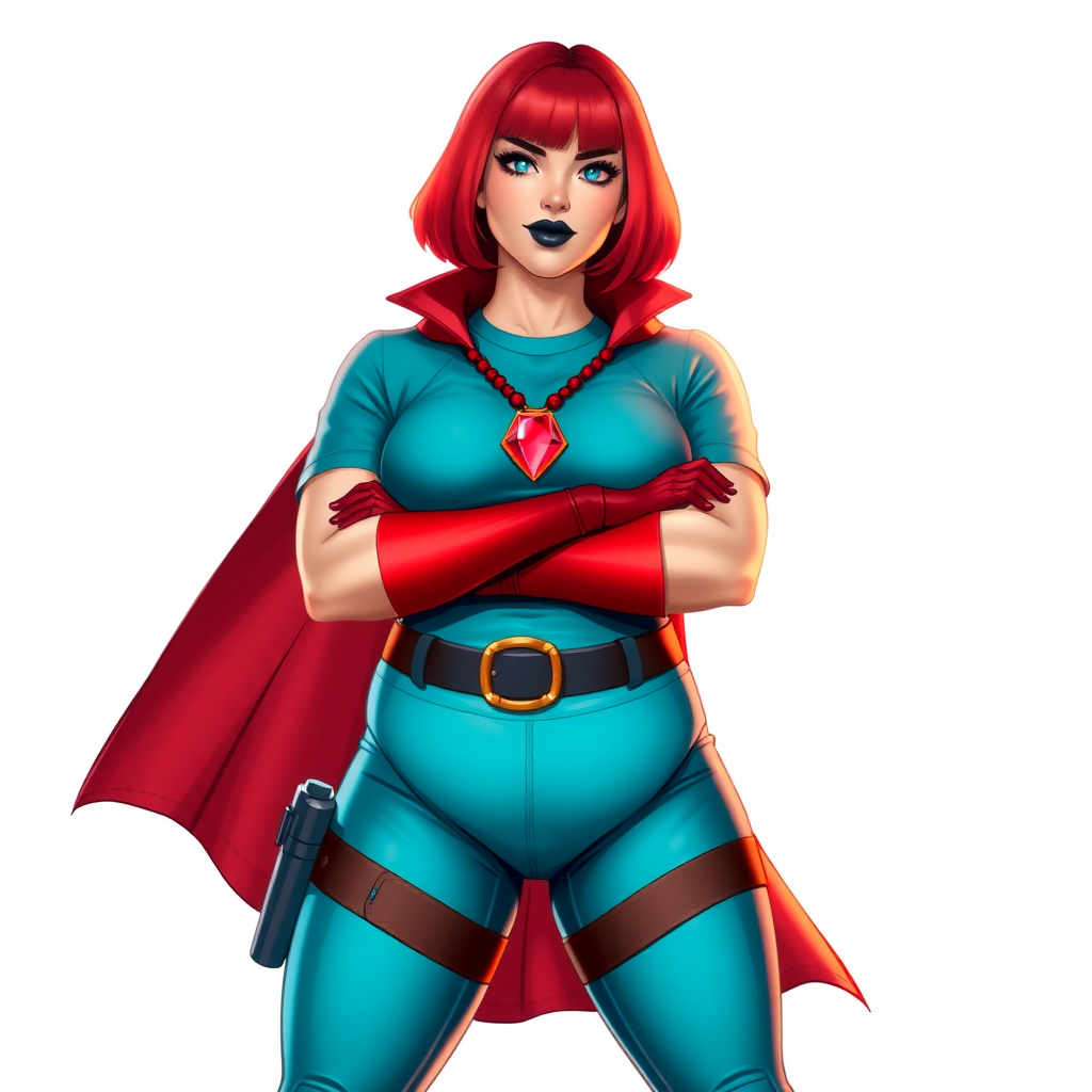 A 26-year-old, full-figured, magical girl vigilante detective becomes the heavily pampered mystical ally of her cyberpunk vigilante older brother figure. She has a bright red bob cut, black lipstick, and piercing bright blue eyes. She has a new non-athletic build, now highlighted by a prominent, round, gargantuan midsection (fully focused on her gargantuan belly), which shows the aftermath of her new pampered lifestyle. Despite her pampered physique, she shows full confidence. She wears a magical girl detective costume consisting of a gargantuan, magical, tight-fitting, maximum turquoise t-shirt (accentuating and emphasizing her gargantuan belly), maximum turquoise biker pants, complemented by a glowing neon red cape, a mystical ruby amulet (which is the source of her mystical powers), and magical red gloves glowing neon red. Her magical girl detective costume covers all her skin and emphasizes her full-figured physique (especially her gargantuan belly). Her stance is firm and resolute, arms crossed, exuding a no-nonsense attitude. Her costume reflects the influence of DC New 52 Prime Earth’s Phantom Lady, Jennifer Knight, while her pose embodies the moral ambiguity and determination reminiscent of DC’s Pax Americana’s The Question. She is on a solid white background. She is drawn as if she was in a retro 2D cyberpunk fighting game. She is clearly non-athletic, with a focus on her full-figured physique (especially her gargantuan belly). Make sure that her t-shirt covers all of her bare skin (especially her gargantuan belly).