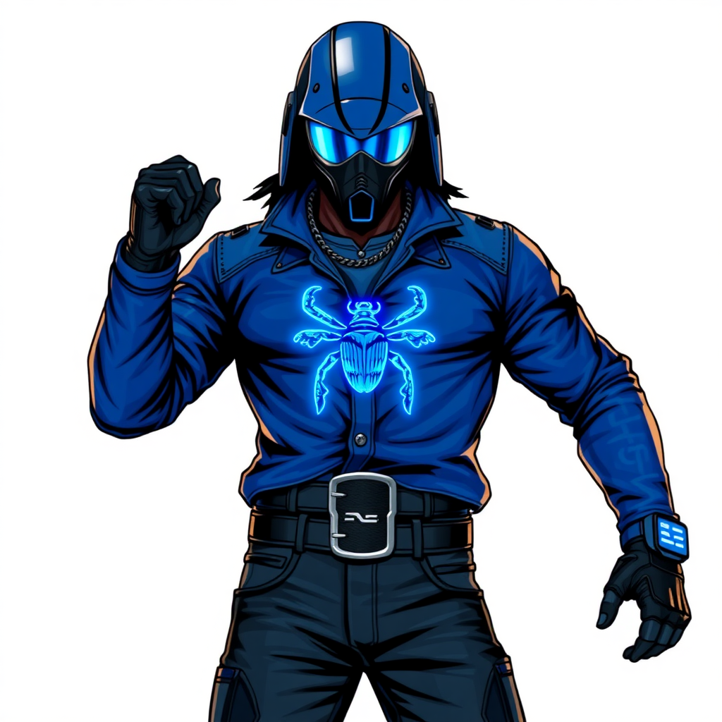 A 28-year-old cyberpunk vigilante stands heroically, clad in a maximum blue leather shirt featuring a neon blue glowing beetle on the chest. They wear black biker pants, a black belt with a sapphire beetle buckle, and a helmet resembling a sleek, tactical design, but colored maximum blue with neon blue glowing lenses. Their hands are protected by black metal gloves, all set against a solid white background. He is drawn as if he was in a retro 2D cyberpunk fighting game.