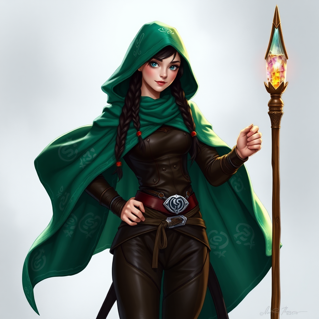 Name: Elara Windwhisper  
Gender: Female  
Age: 28  
Clothes: Elara wears a flowing emerald green cloak adorned with silver runes that shimmer in the light. Underneath, she has a fitted leather tunic and trousers, perfect for agility and stealth. Her long, dark hair is braided with small feathers and beads, and she carries a slender wooden staff topped with a glowing crystal, symbolizing her connection to nature and magic.