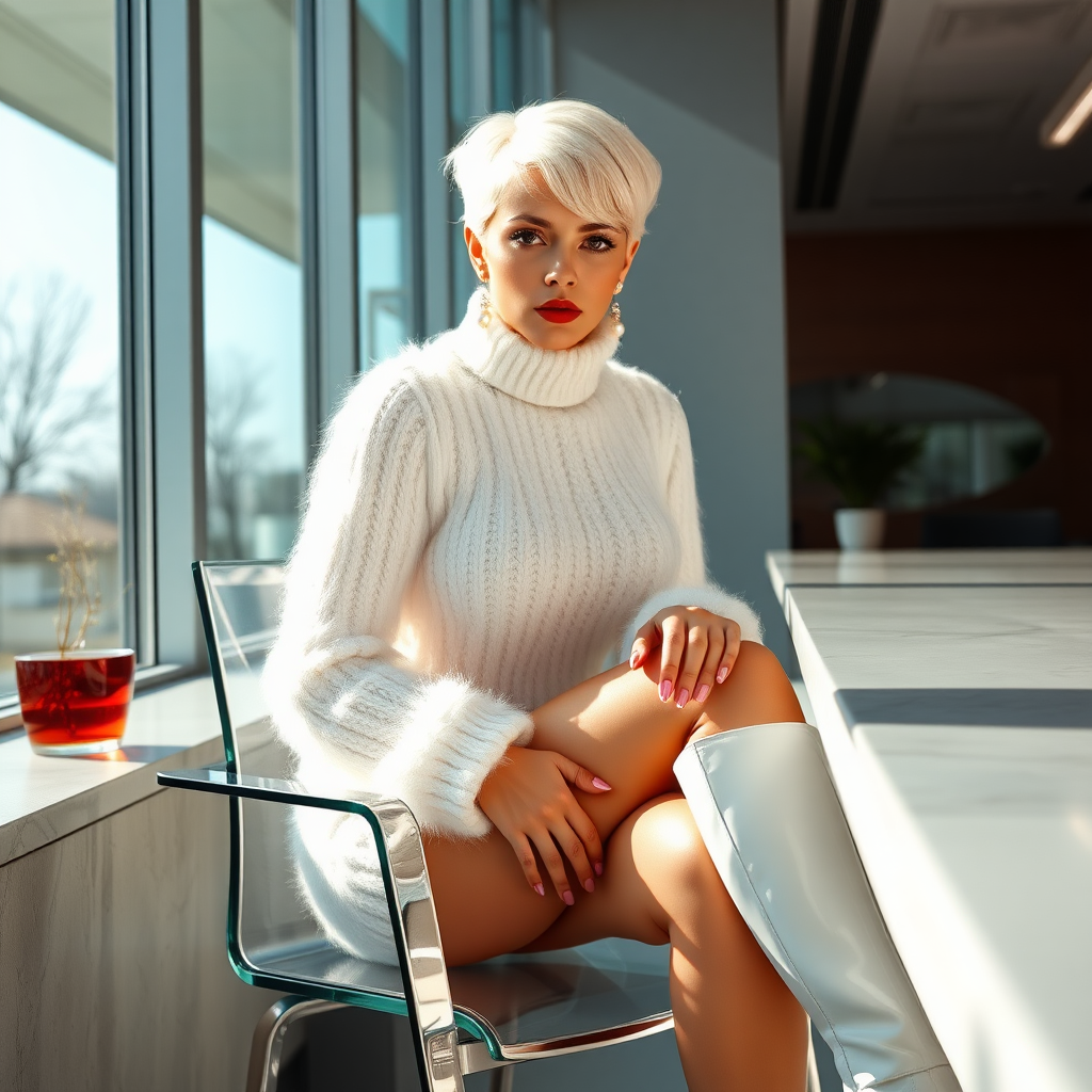 Sunny spring morning, modern glass-steel-concrete office, sitting on glass chair at wall, waiting for the master: Ana, European 17 years old very convincing femboy “trophy-bimbo”, tamed servile docile, very beautiful feminine flawless face, rather short boyish figure, platinum blond short tight curls, bold red lips, heavily made-up face, long French nails, wearing Supertanya-style chunky fluffy very fuzzy bright white plushy mohair figure-hugging turtleneck-knitdress with white pearl decoration, white vinyl thigh-high boots with golden heels, pearl earrings, serious, leaning forward presenting her assets, arrogantly looking at camera.