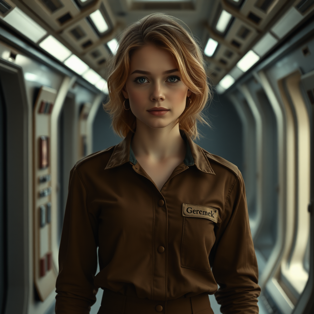 A twenty something female like Ana de Armas, athletic, medium length wild strawberry blond hair, in a brown jumpsuit standing in a dimly lit hallway of a space ship with a uniform name tag sewn on her left chest pocket that says "Geremek"