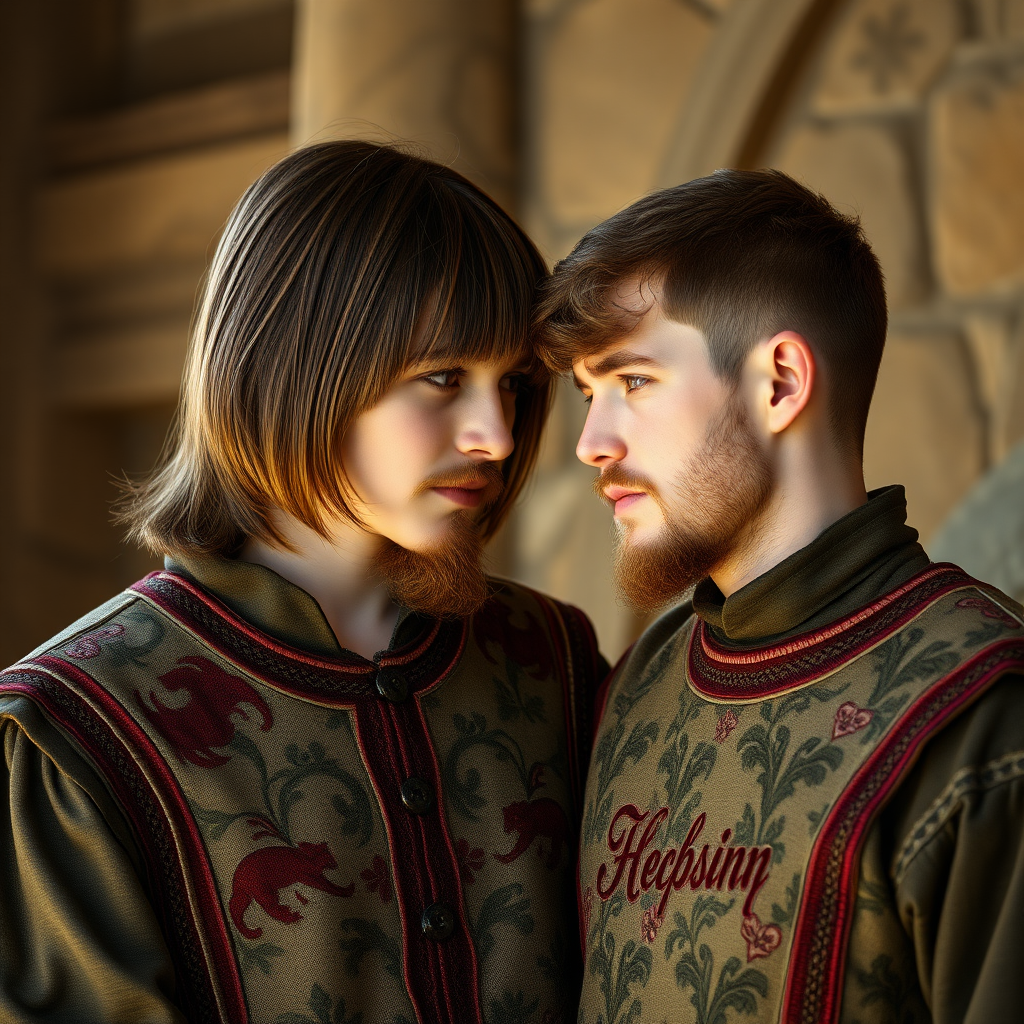 beautiful model 15yo teen boy, long bob cut, closely together with tall slightly bearded short-haired father, looking at each other, embroidered medieval cloths, ultra high resolution, 16K,