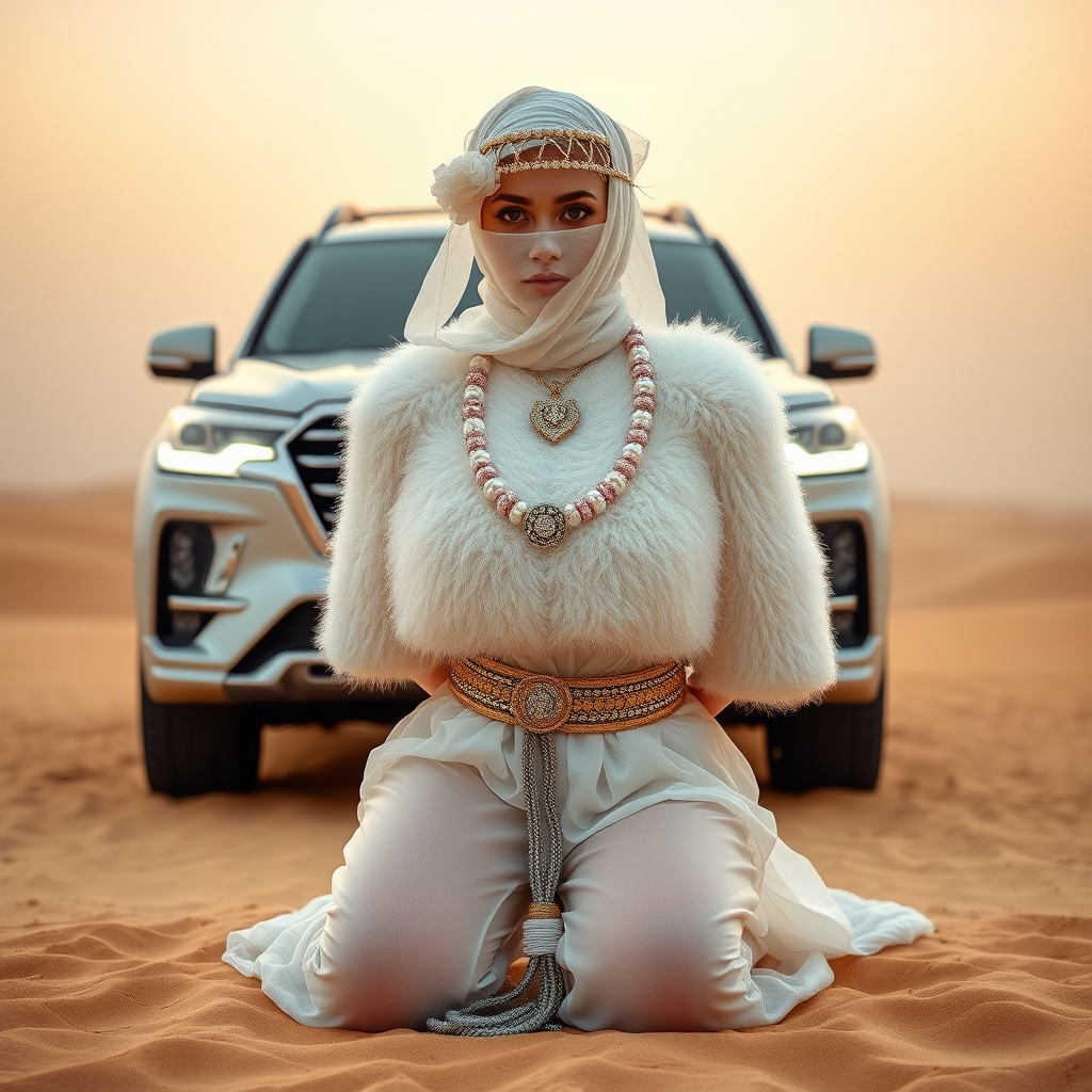 Kuwait desert dunes misty dawn, full size luxury SUV: Melissa, European 17 years old very convincing femboy “trophy-bimbo”, tamed servile docile, very beautiful feminine flawless face, rather short, by hormones very curvaceous womanly figured, platinum blond short tight curls, bold red lips, heavily made-up face, wearing Supertanya-style fluffy very fuzzy bright white angora turtleneck-poncho cropped ending under bust decorated with pearls and gemstones, striking oriental wide gold bridal protection belt, white fully transparent harem pants, full Oriental bridal jewelry including headpiece, white transparent harem-style alluring face veil covering noose and mouth, coin anklets, striking diamond “$$$” letter brooch on left chest, pout frustrated, hands tied behind back, kneeling in sand in front of SUV, looking at camera. Focus on face and turtleneck-poncho.