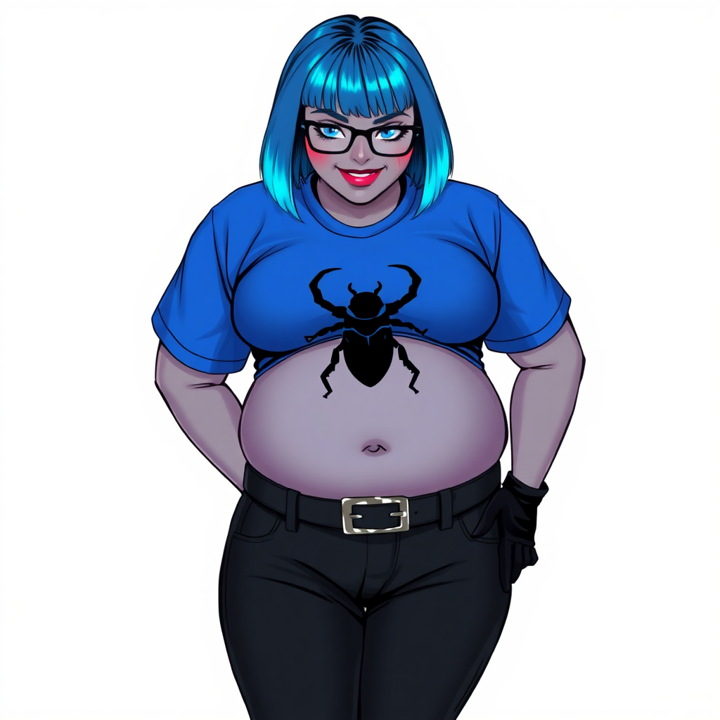 A 28-year-old, full-figured, metallic middle gray skinned computer program hybrid with a short maximum blue bob cut. She has a non-athletic build, highlighted by a prominent, round midsection (with a focus on her round belly). As a digital sidekick to her cyberpunk vigilante boyfriend, her middle gray metallic skin and maximum blue lipstick emphasize her digital nature. She wears a large, tight-fitting, maximum blue t-shirt (accentuating her belly) with a black chest icon of a beetle on its chest, black pants, a black belt with a sapphire scarab buckle, and black gloves. Her bright blue eyes, black eyeglasses, and shy smile with neon red blush accentuate her nerdiness. She bashfully bows her head (while still facing the screen) with her hands behind her back, her t-shirt covers her midsection (especially her belly) and emphasizing her full-figured, non-athletic physique. She is on a solid white background. She is drawn as if she was in a retro 2D cyberpunk fighting game. She is clearly non-athletic, with a focus on her full figure. Make sure her outfit covers all of her bare skin (especially her midsection).