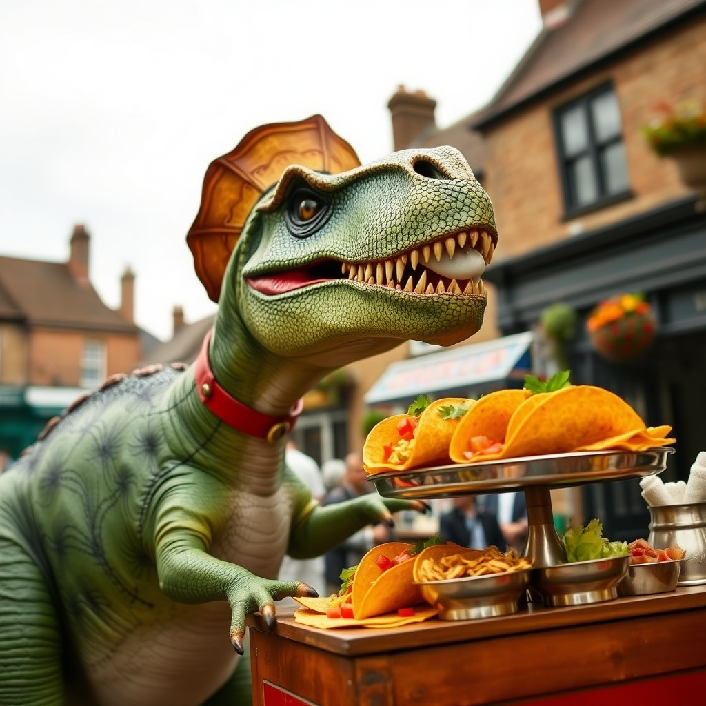 A dinosaur selling tacos in Victorian England