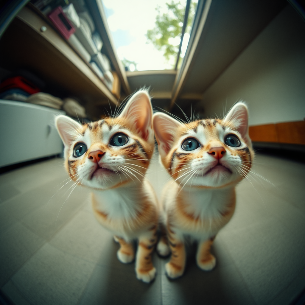 Under the fish-eye lens, two adorable little cats, very cute.